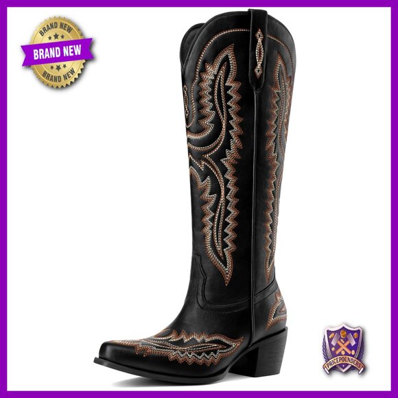 Knee High Western Boots Pointed Toe Chunky Heel Embroidery Side Zipper